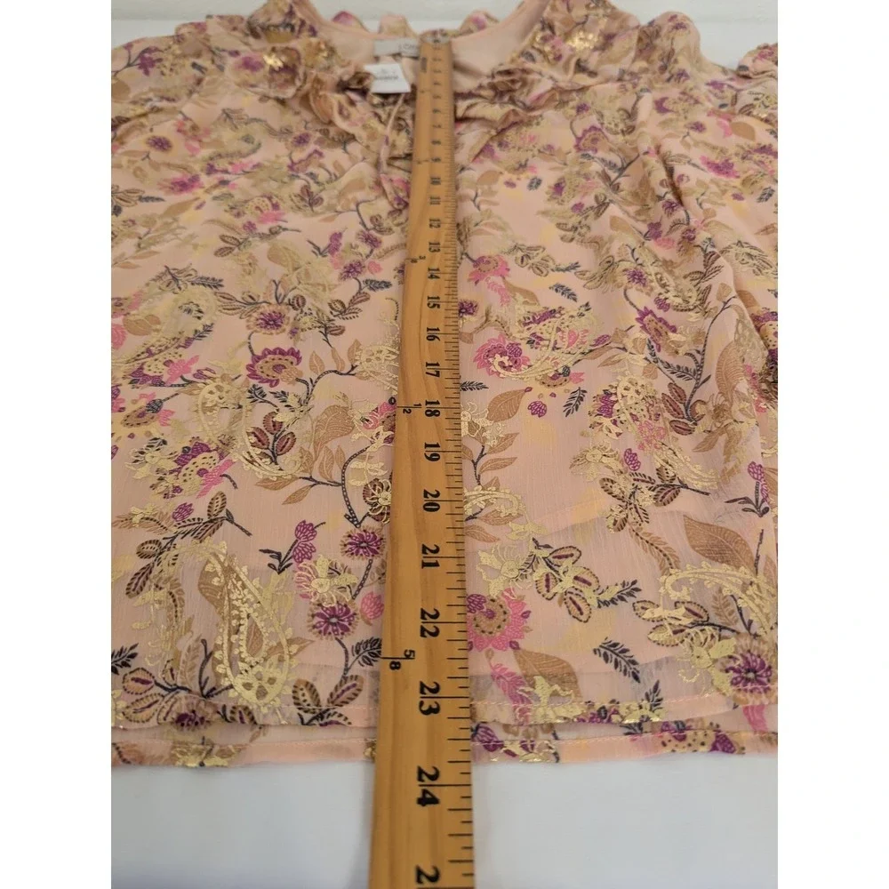 LOFT Womens Floral Ruffle Neck Long Sleeve Blouse Gold Pink Metallic Size XLNew - Picture 8 of 8
